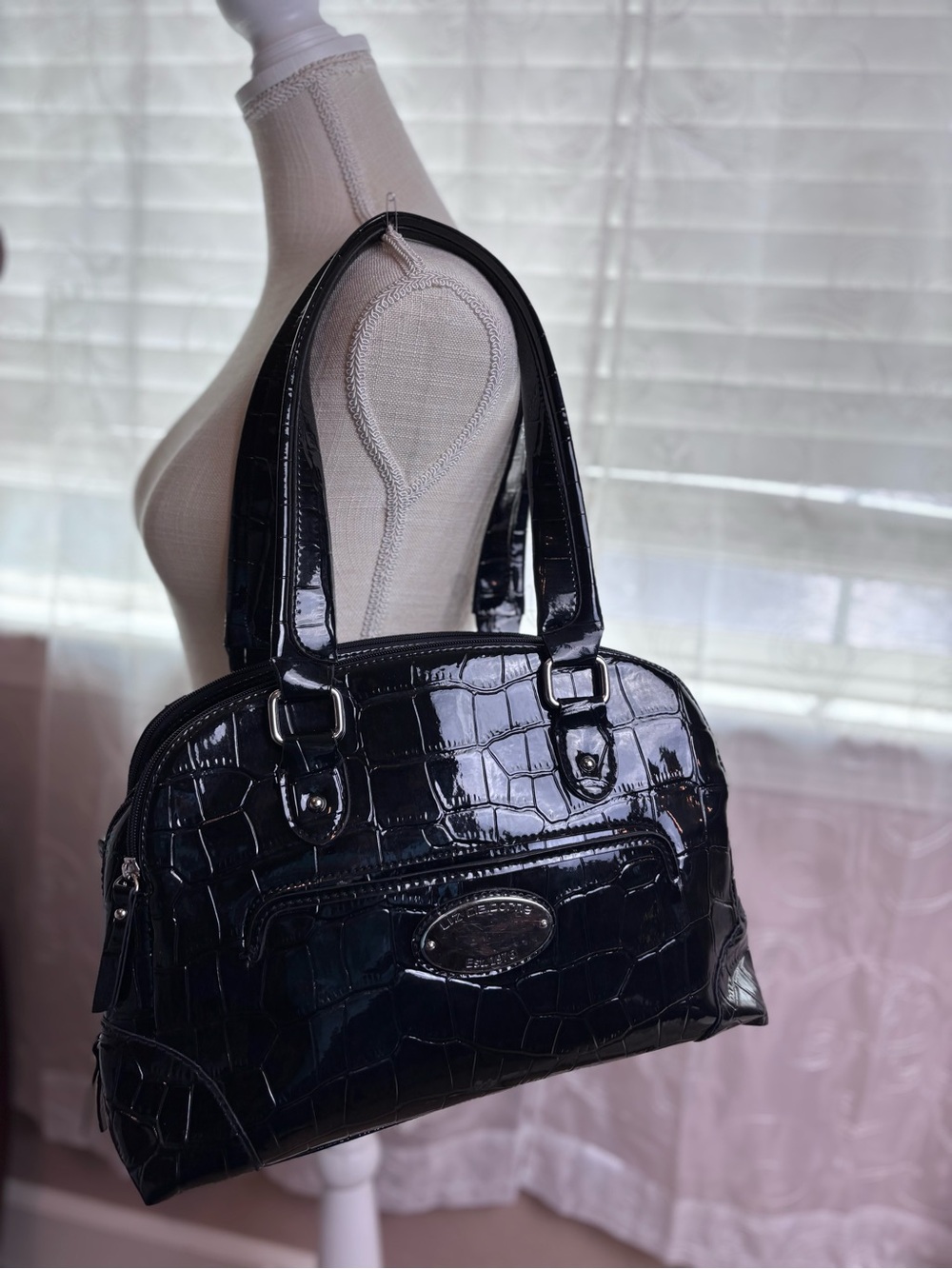 Liz Claiborne Black Patent Faux Croc Embossed Satchel